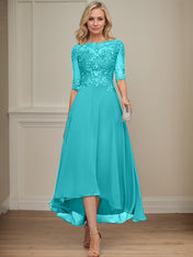 A-line Boat Neck Illusion Asymmetrical Chiffon Lace Mother of the Bride Dress With Sequins Beading
