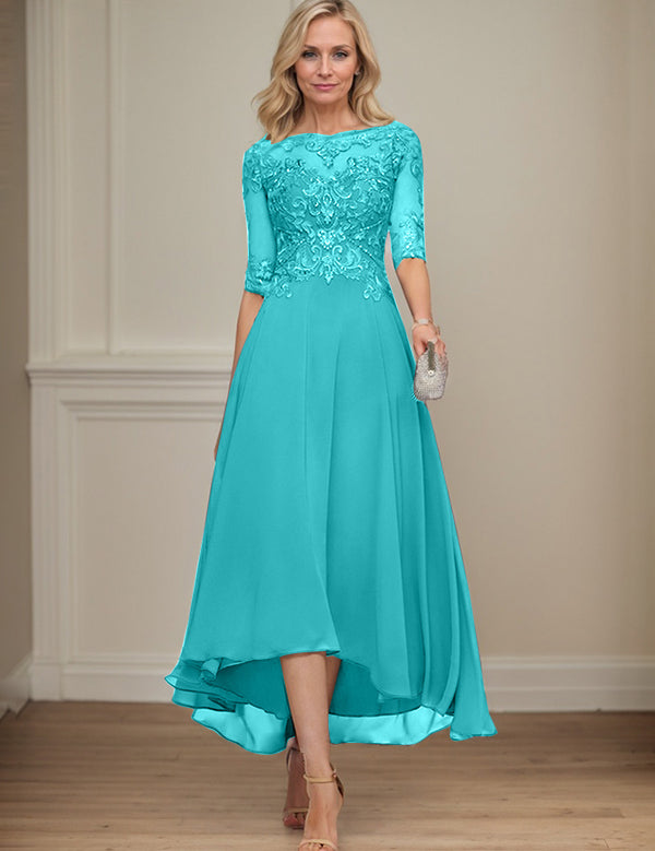 A-line Boat Neck Illusion Asymmetrical Chiffon Lace Mother of the Bride Dress With Sequins Beading