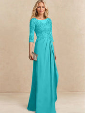 A-line Scoop Illusion Floor-Length Chiffon Lace Mother of the Bride Dress With Beading Sequins Cascading Ruffles