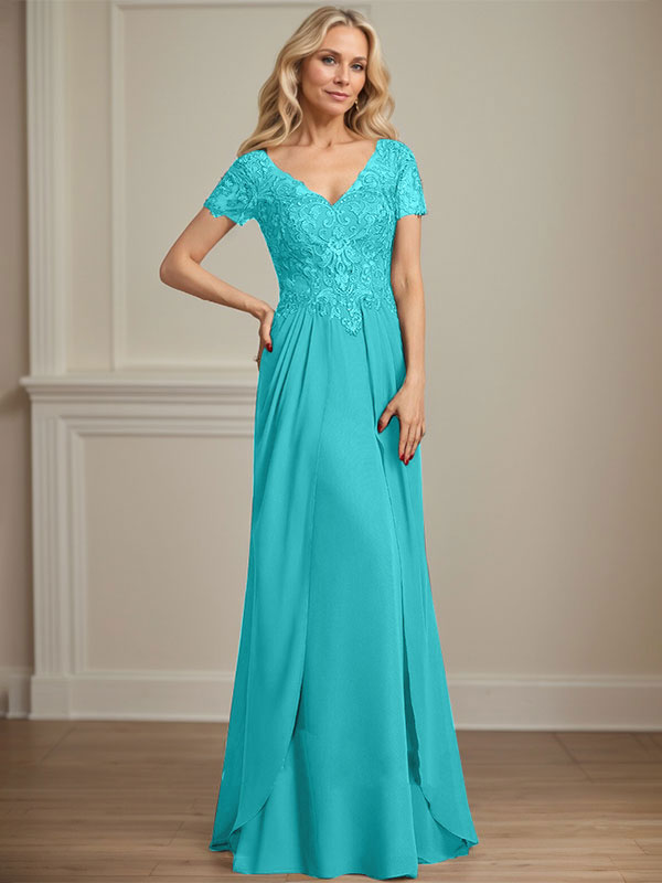 A-line V-Neck Floor-Length Chiffon Lace Mother of the Bride Dress