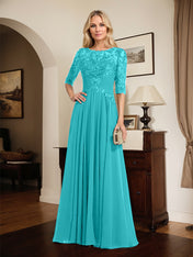 A-line Scoop Illusion Floor-Length Chiffon Lace Mother of the Bride Dress With Pleated Sequins