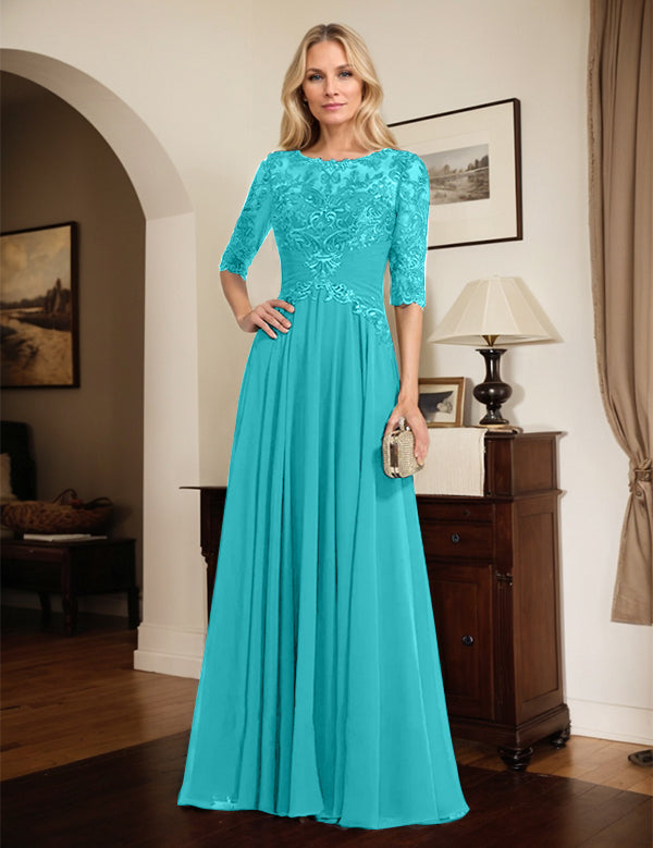 Robe de mère de la mariée trapèze en mousseline de soie et dentelle, longueur au sol, avec décolleté en V et sequins plissés 