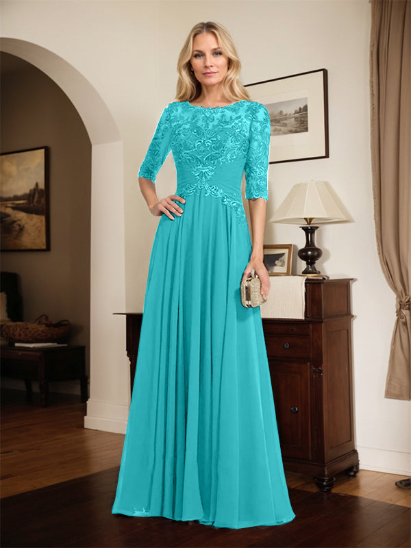 A-line Scoop Illusion Floor-Length Chiffon Lace Mother of the Bride Dress With Pleated Sequins