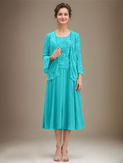 A-line Scoop Tea-Length Lace Chiffon Mother of the Bride Dress With Sequins