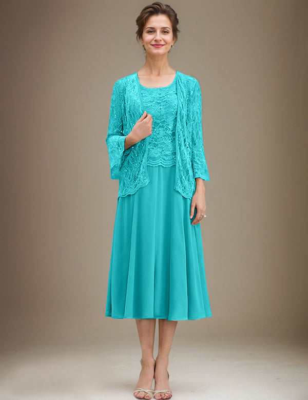 A-line Scoop Tea-Length Lace Chiffon Mother of the Bride Dress With Sequins