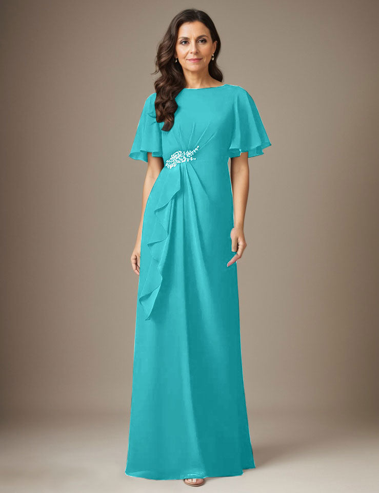 Robe fourreau en mousseline de soie bleu marine foncé avec perles