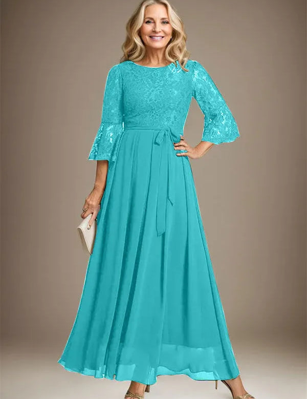 A-line Scoop Ankle-Length Lace Chiffon Mother of the Bride Dress With Bow