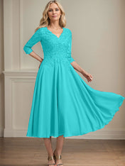 A-line V-Neck Tea-Length Chiffon Lace Mother of the Bride Dress With Beading Sequins