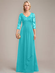 A-line V-Neck Floor-Length Lace Chiffon Mother of the Bride Dress With Cascading Ruffles Sequins