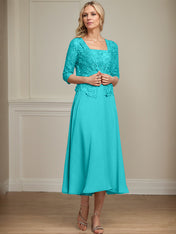 A-line Square Tea-Length Chiffon Lace Mother of the Bride Dress With Sequins Beading