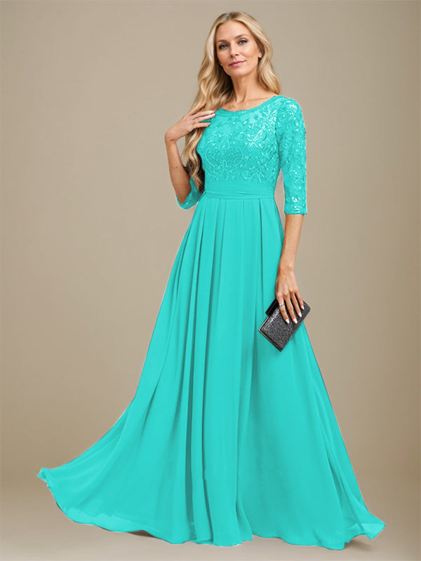 A-Line Scoop Floor-Length Lace Chiffon Mother Of the Bride Dress With Sequins Applique