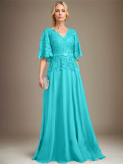 A-line V-Neck Floor-Length Chiffon Lace Mother of the Bride Dress With Crystal Brooch Rhinestone