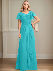 A-line Asymmetrical Illusion Floor-Length Lace Chiffon Mother of the Bride Dress With Cascading Ruffles Sequins