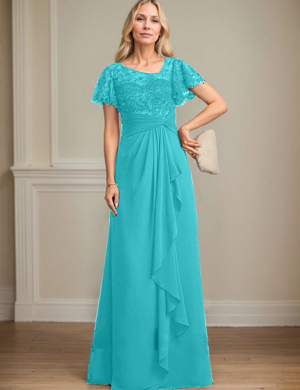 A-line Asymmetrical Illusion Floor-Length Lace Chiffon Mother of the Bride Dress With Cascading Ruffles Sequins