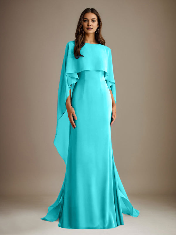 Robe de mère de la mariée en mousseline, coupe fourreau/colonne, col bateau, longueur ras du sol, avec volants en cascade 