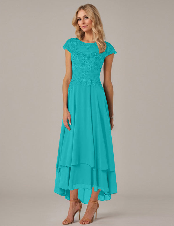 A-line Boat Neck Illusion Asymmetrical Chiffon Lace Mother of the Bride Dress With Applique Pleats