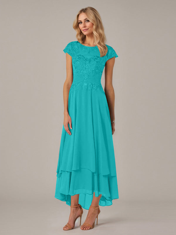 A-line Boat Neck Illusion Asymmetrical Chiffon Lace Mother of the Bride Dress With Applique Pleats
