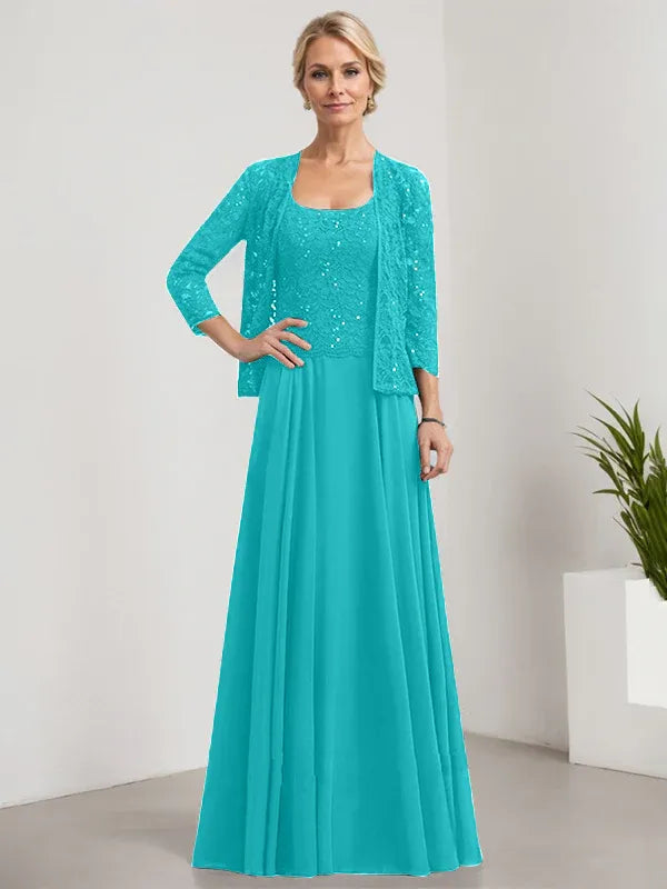 Robe de mère de la mariée trapèze carrée, longueur au sol, en mousseline de soie et dentelle, avec paillettes 