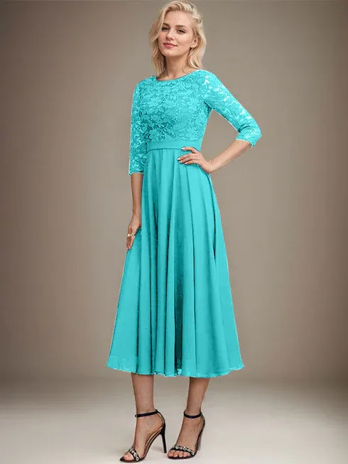 A-line Scoop Tea-Length Lace Chiffon Mother of the Bride Dress With Sequins