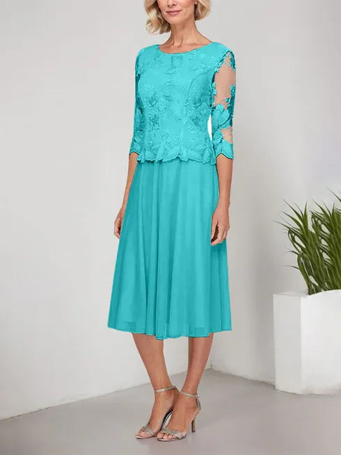 A-line Scoop Tea-Length Lace Chiffon Mother of the Bride Dress With Embroidery