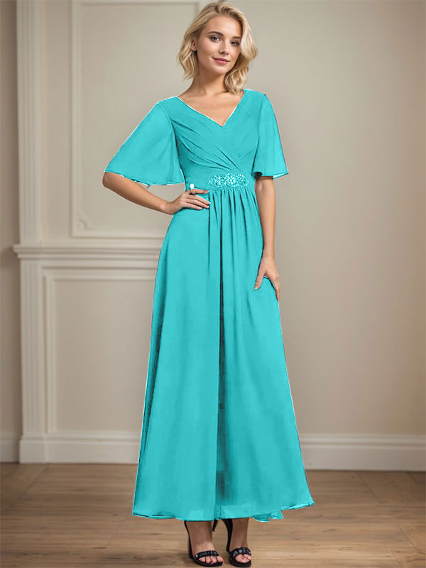 A-line V-Neck Ankle-Length Chiffon Mother of the Bride Dress With Pleated Beading Sequins