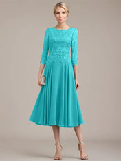 A-line Scoop Tea-Length Lace Chiffon Mother of the Bride Dress
