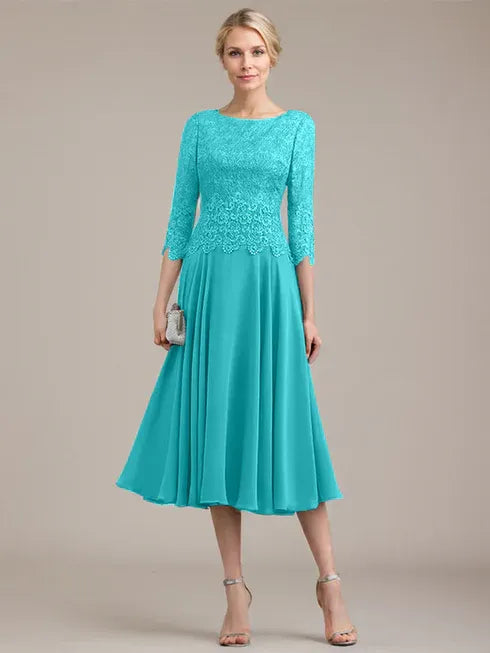 A-line Scoop Tea-Length Lace Chiffon Mother of the Bride Dress