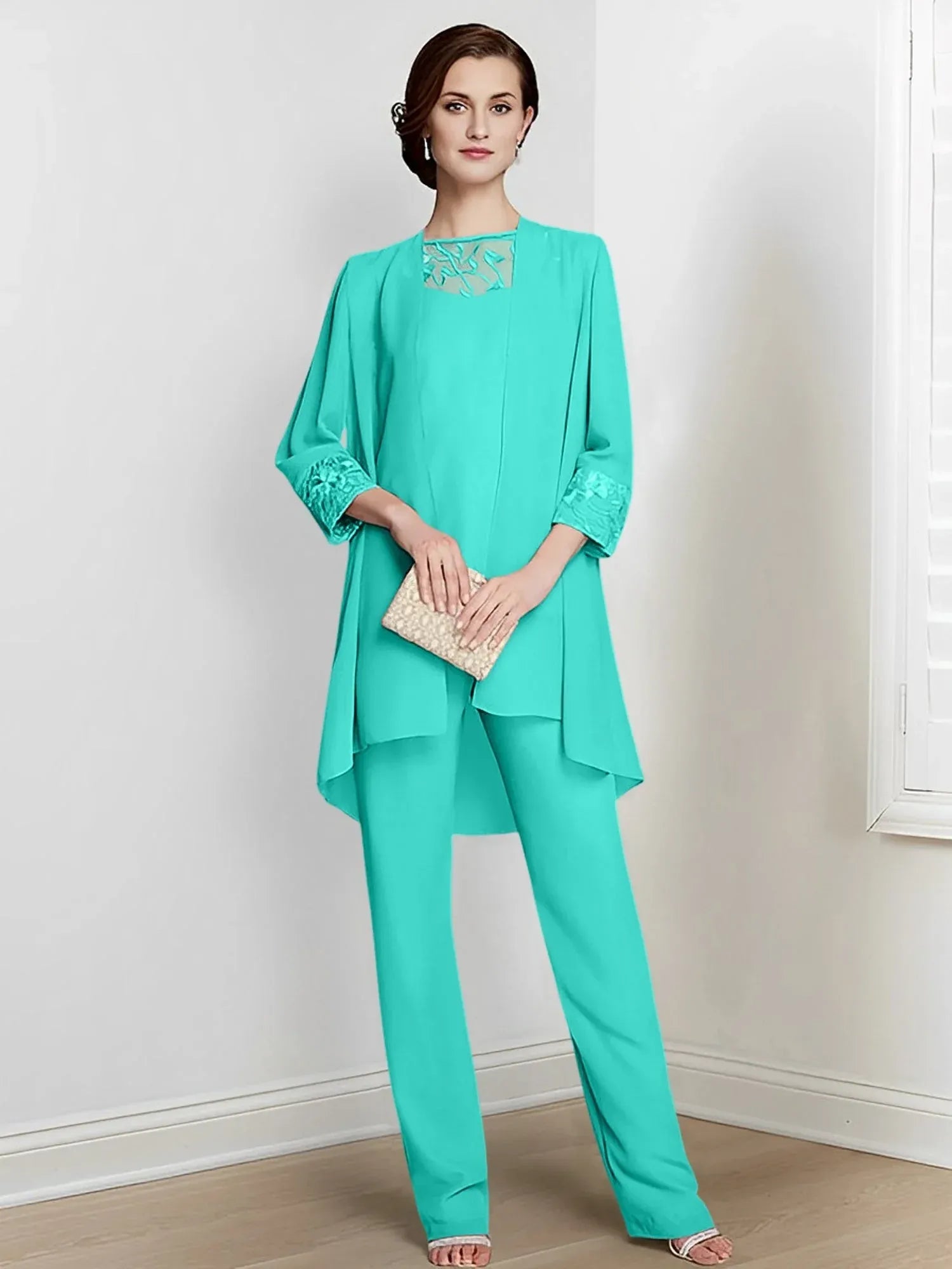 Tailleur-pantalon en mousseline à manches longues pour mère de la mariée avec veste 