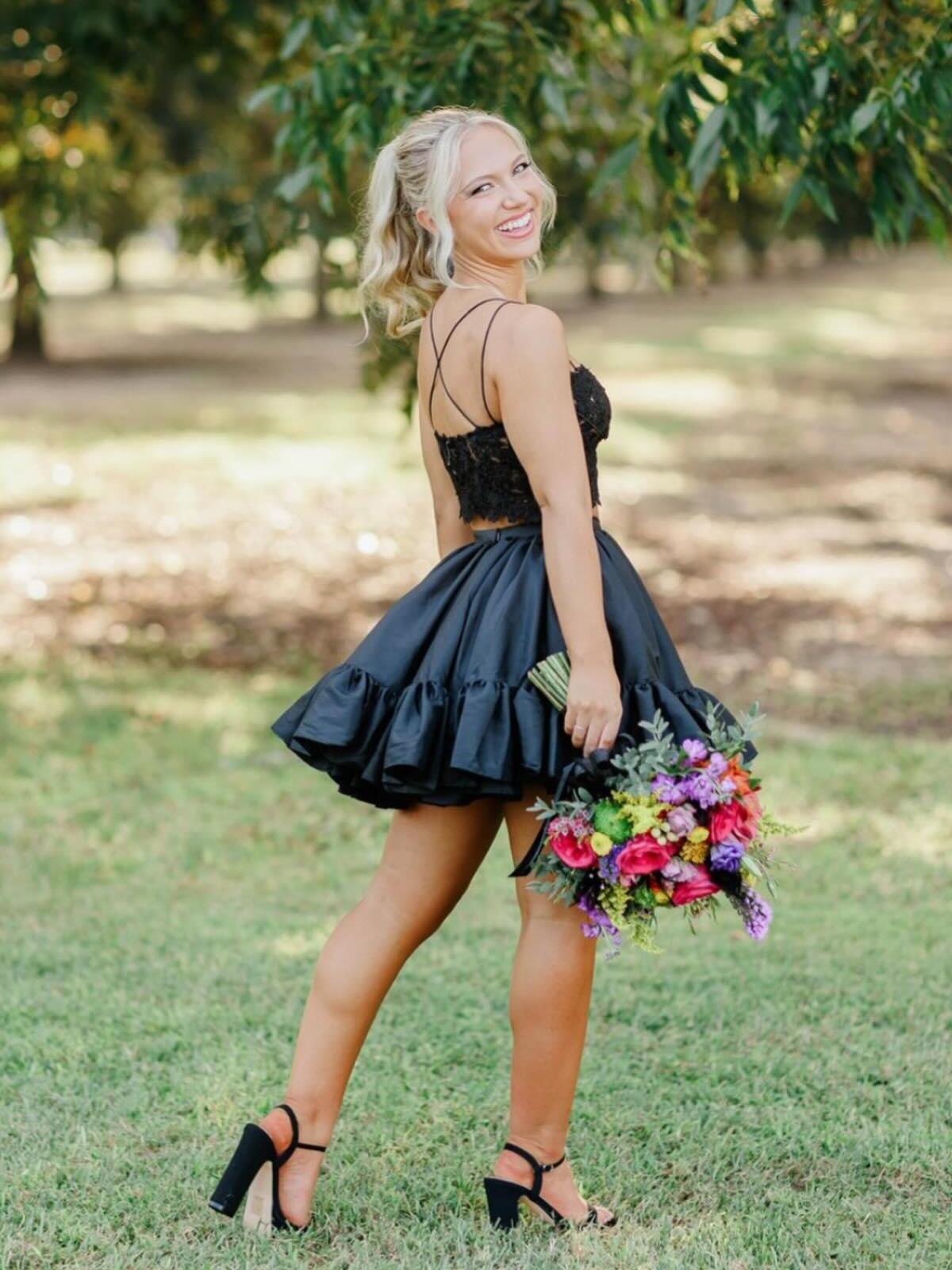 Two Pieces Lace Appliques Short Black Homecoming Dress