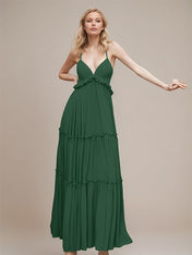 Dark Green A Line Chiffon Spaghetti Straps Sleeveless Floor-Length Bridesmaid Dresses