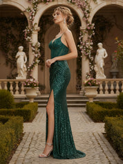 V-Neck Appliques Lace Corset Long Prom Dress with Slit