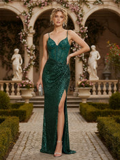 V-Neck Appliques Lace Corset Long Prom Dress with Slit