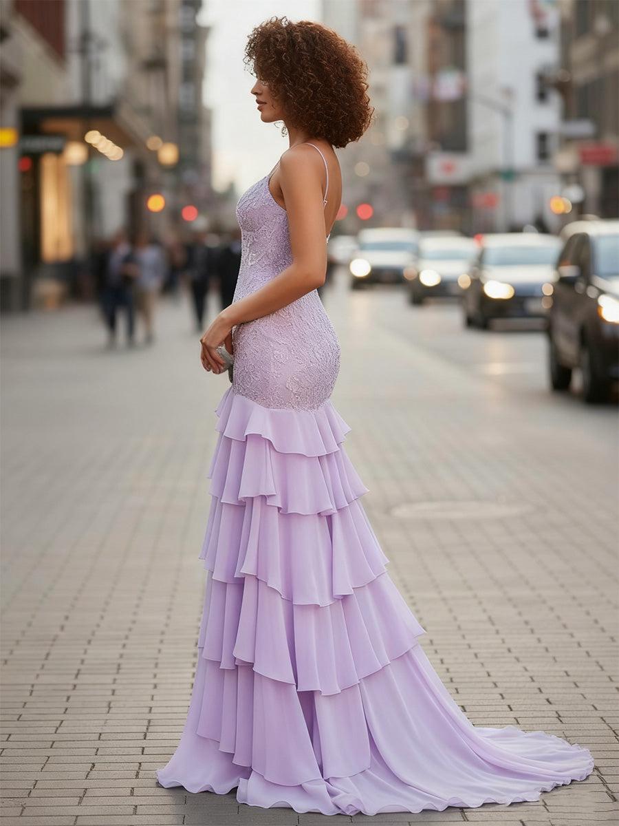 V-Neck Appliques Lace Sweep Train Chiffon Prom Dress wtih Slit