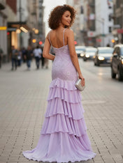 V-Neck Appliques Lace Sweep Train Chiffon Prom Dress wtih Slit