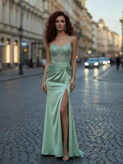 V-Neck Appliques Satin Corset Long Prom Dress with Slit