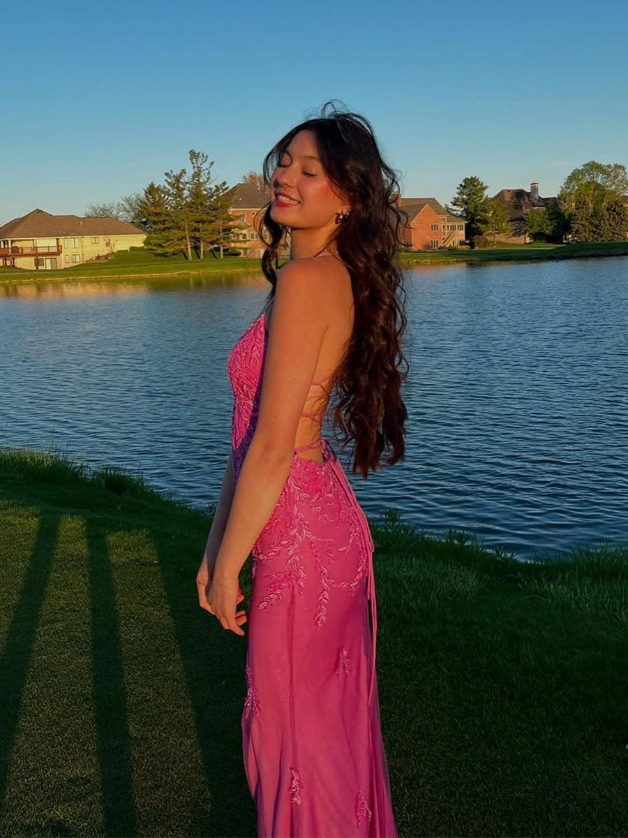 V-Neck Lace Appliques Mermaid Long Prom Dress