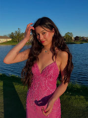 V-Neck Lace Appliques Mermaid Long Prom Dress