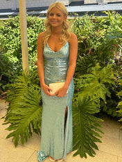 V-Neck Mint Sequin Mermaid Long Prom Dress with Slit