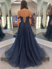 V-Neck Navy Blue Appliques Sparkle Tulle Long Prom Dress