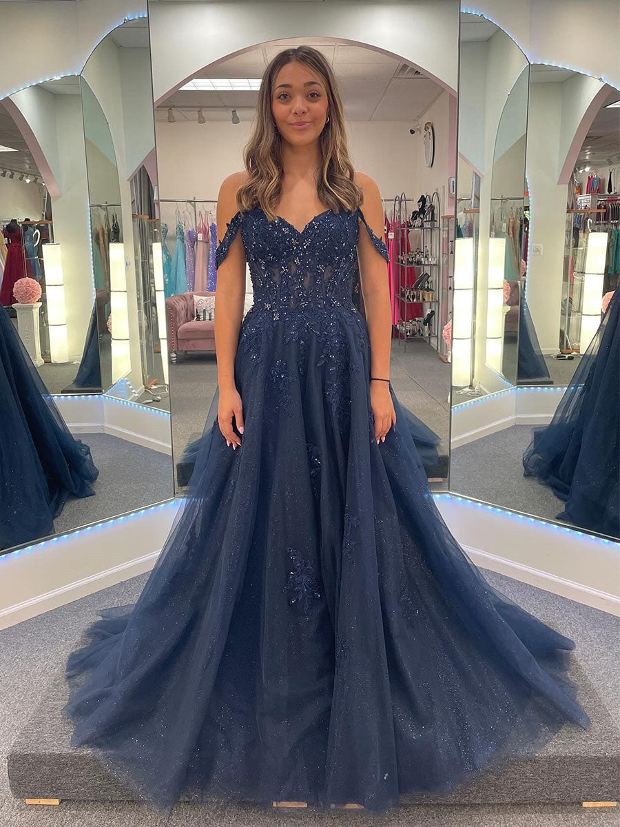 V-Neck Navy Blue Appliques Sparkle Tulle Long Prom Dress