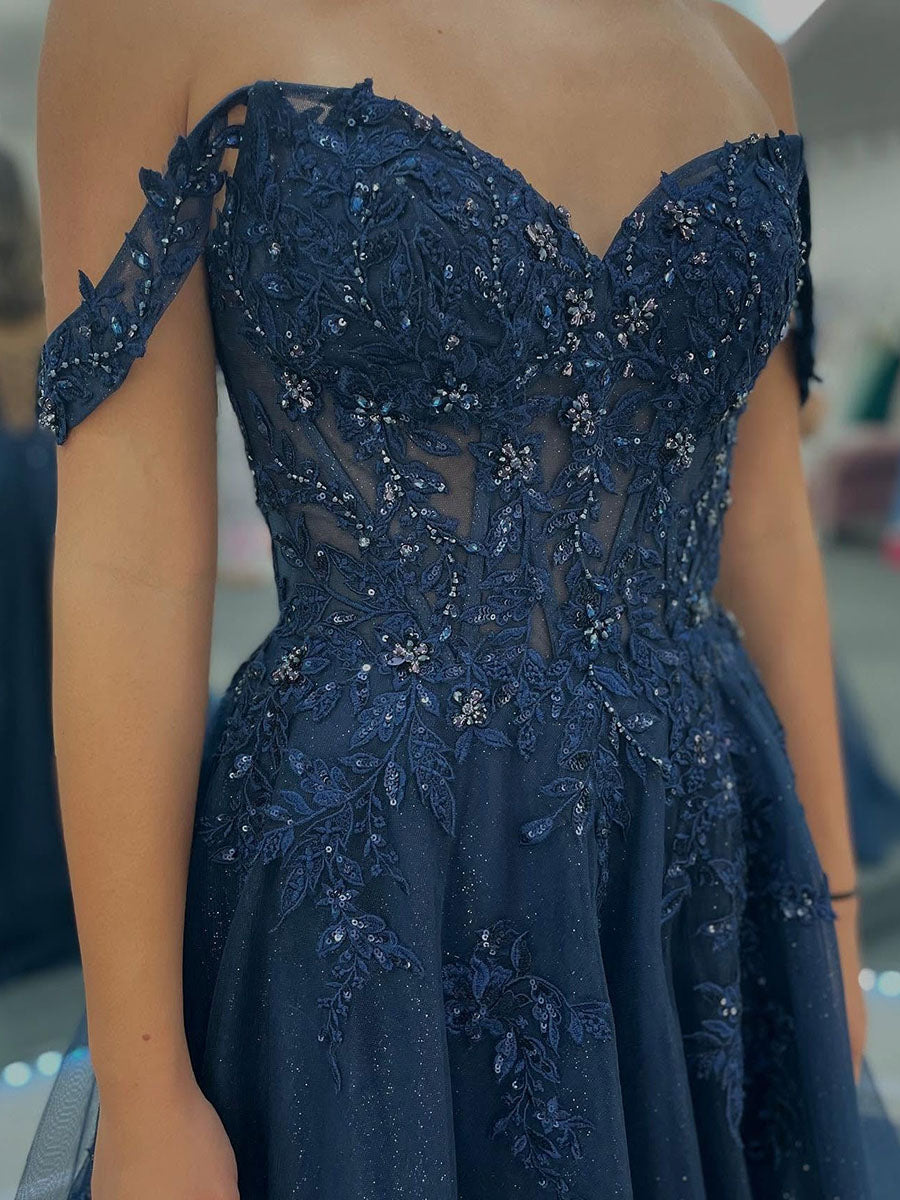 V-Neck Navy Blue Appliques Sparkle Tulle Long Prom Dress