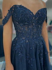 V-Neck Navy Blue Appliques Sparkle Tulle Long Prom Dress
