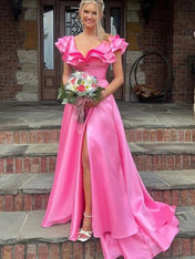 V-Neck Ruffle A-Line Long Prom Dress with Slit