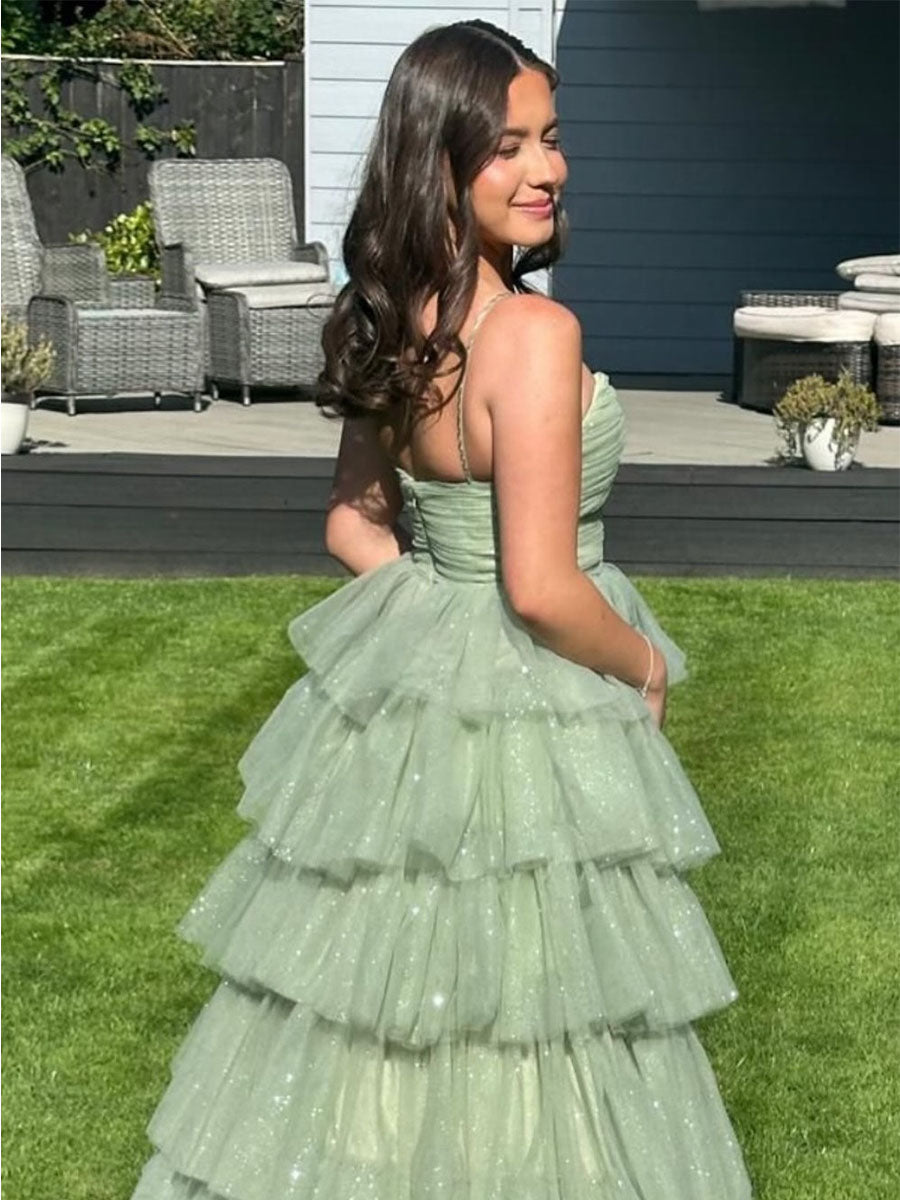 V-Neck Sage Green Tiered Sparkle Tulle Long Prom Dress