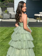 V-Neck Sage Green Tiered Sparkle Tulle Long Prom Dress