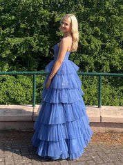 V-Neck Sage Green Tiered Sparkle Tulle Long Prom Dress