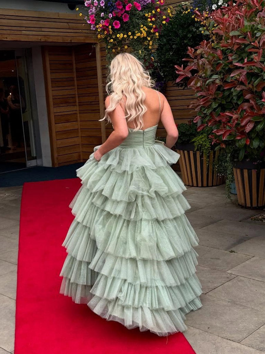 V-Neck Sage Green Tiered Sparkle Tulle Long Prom Dress