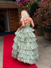 V-Neck Sage Green Tiered Sparkle Tulle Long Prom Dress