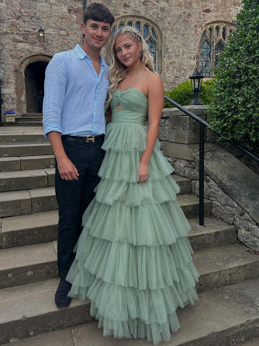 V-Neck Sage Green Tiered Sparkle Tulle Long Prom Dress