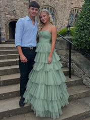 V-Neck Sage Green Tiered Sparkle Tulle Long Prom Dress
